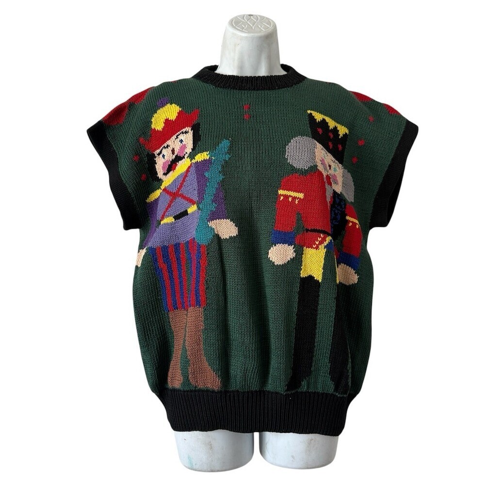 VTG 80s Pickford & Co Nutcracker Sweater Vest M Green Christmas Novelty Knit